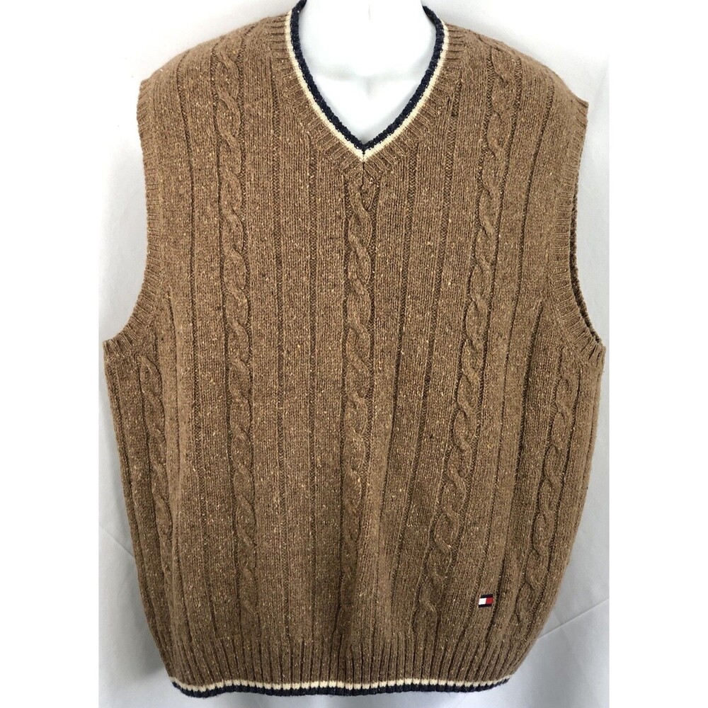 Vtg Tommy Hilfiger wool sweater vest XL brown V-neck Preppy academia 90s Y2K